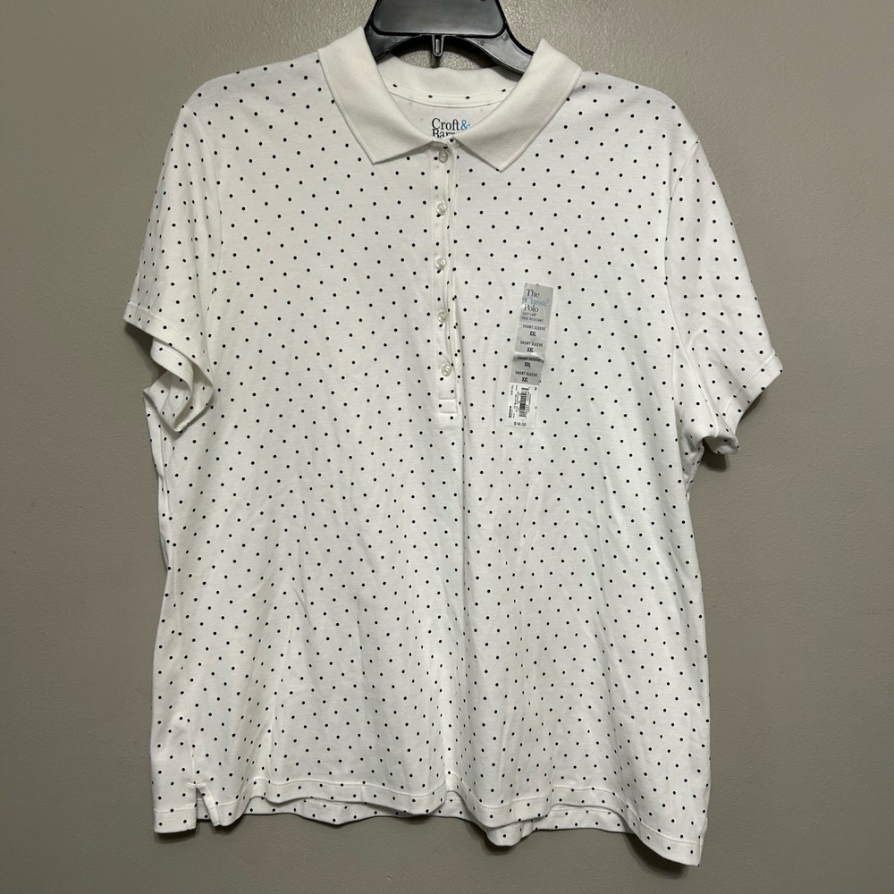 Croft & Barrow Women's Polo Shirt XXL White Black Polka Dot Cotton Short Sleeve